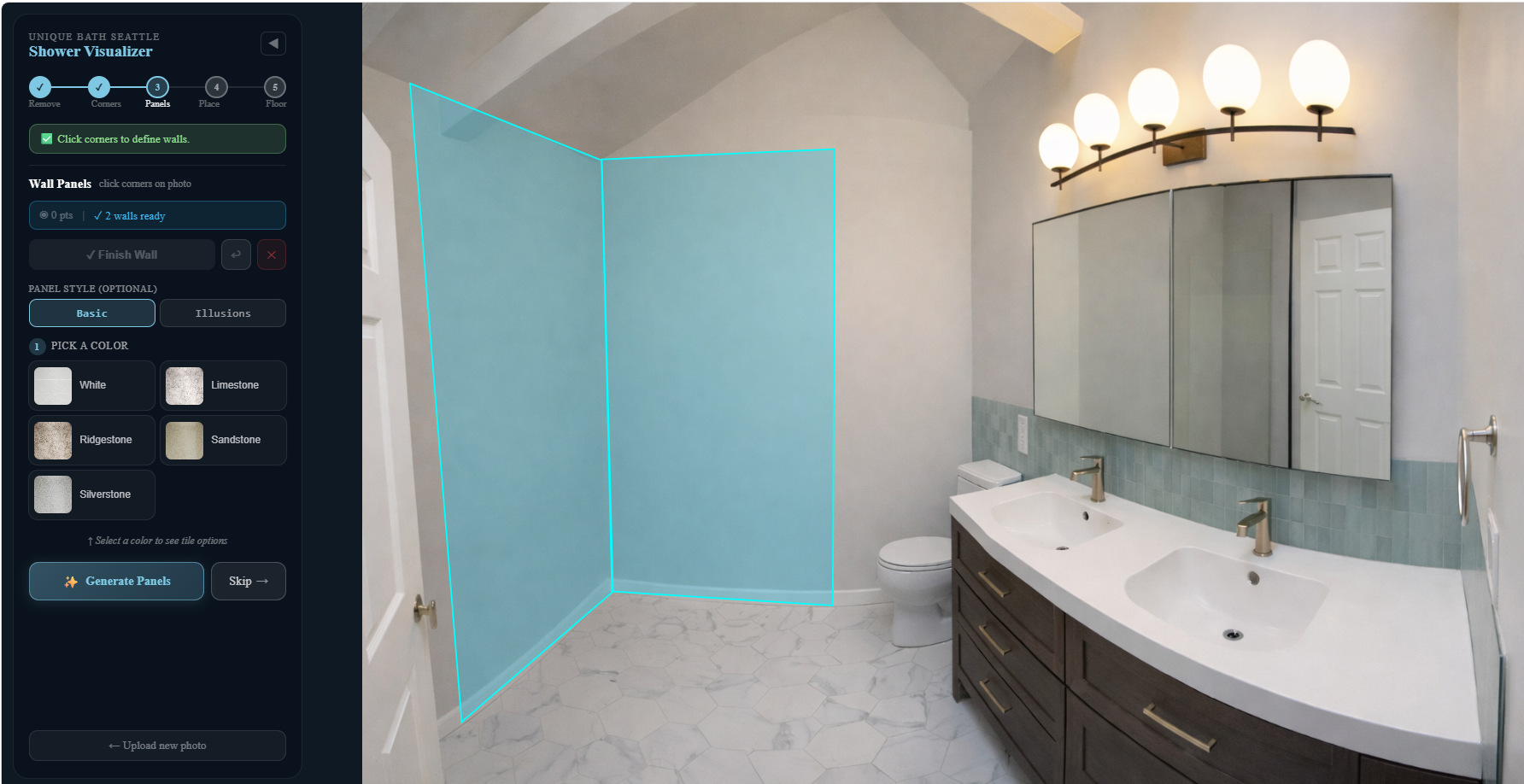 Design process showing wall panel mapping on a real bathroom