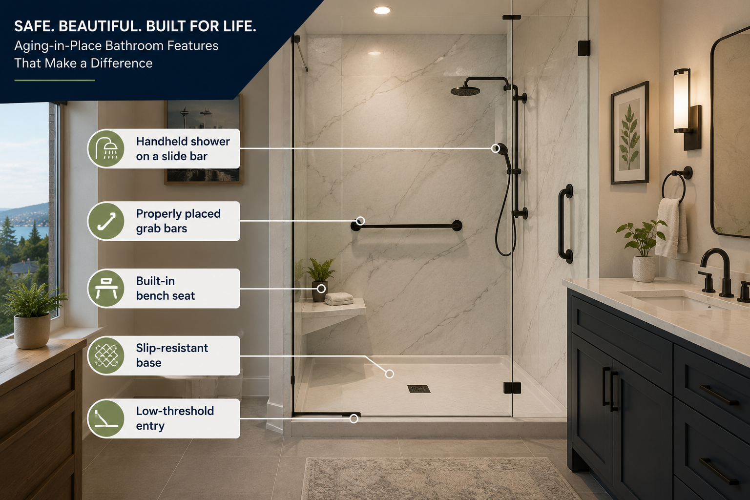 Annotated aging-in-place walk-in shower for a Seattle home: low-threshold entry, slip-resistant base, properly placed grab bars, fold-down seat, handheld shower head, and easy-reach controls