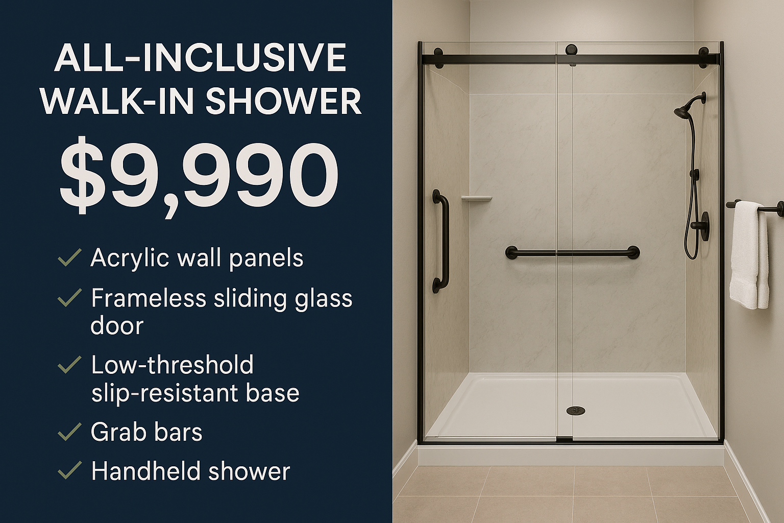 The SteadyStep walk-in shower system from Unique Bath of Seattle: premium wall panels, a quality glass door, low-threshold slip-resistant base, anti-scald valve, fold-down bench, handheld shower head, ADA-rated grab bar, and the core safety package included