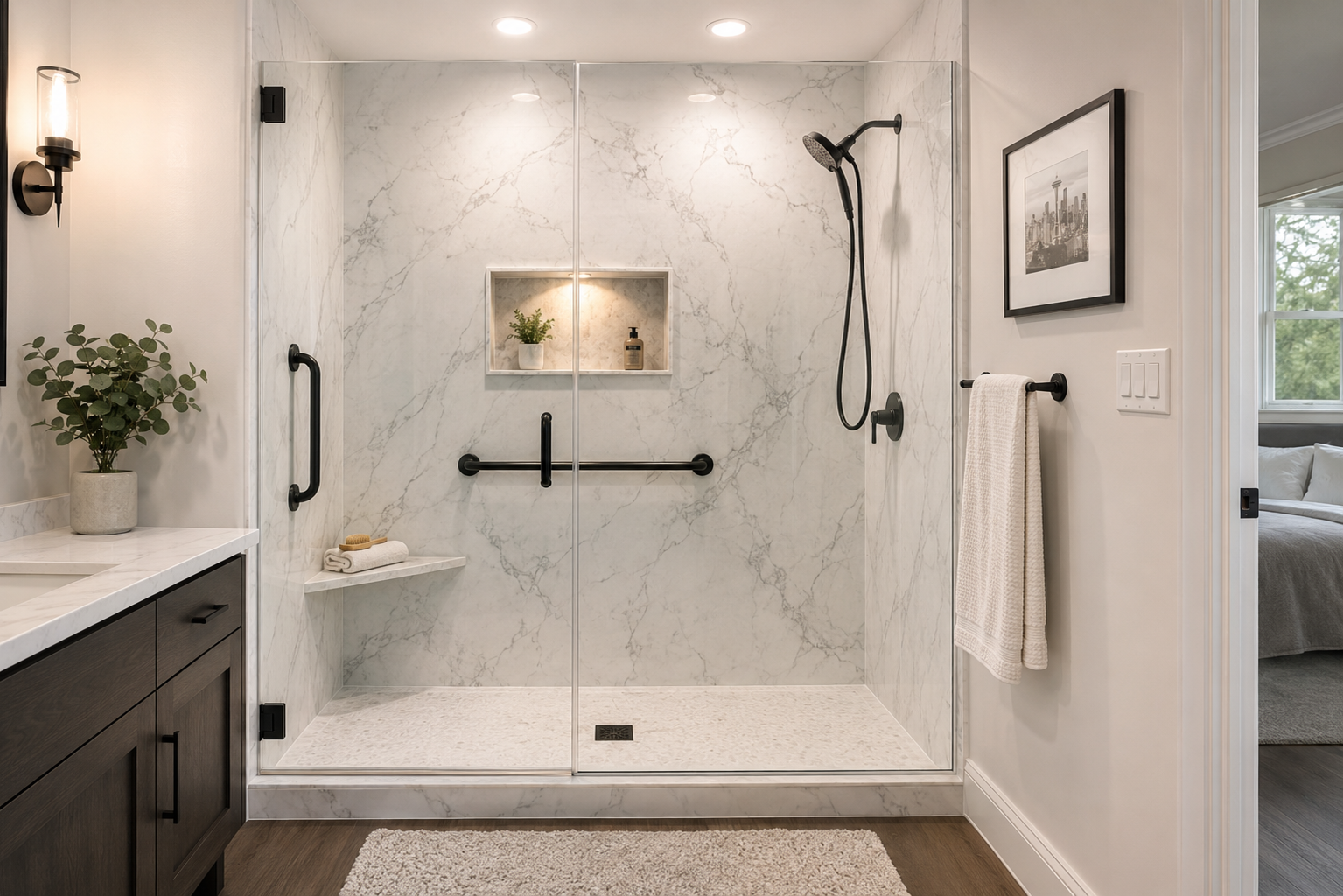 Finished Upgraded walk-in shower installation in a Seattle home with marble-look Bellatone acrylic wall panels, frameless glass door, built-in niche, grab bar, and fold-down bench