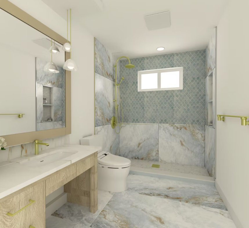 Full bathroom renovation with walk-in shower and half-wall glass enclosure, installed for a homeowner in Seattle