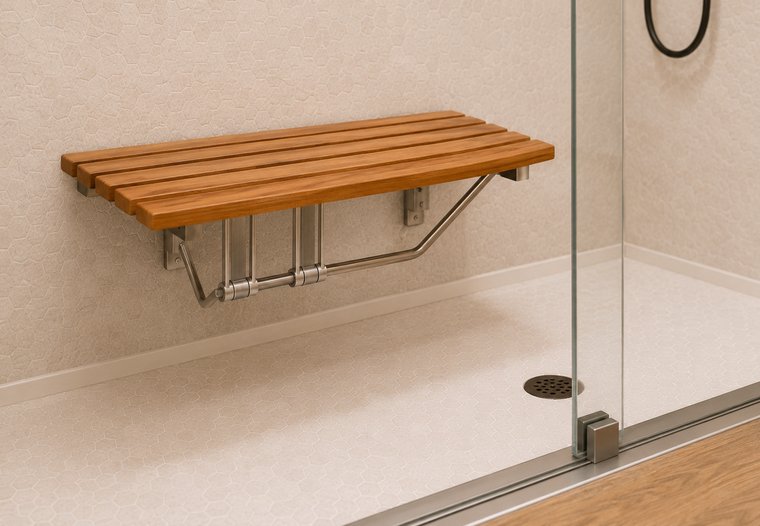 A sturdy fold-down shower bench that folds flat against the wall when it is not in use