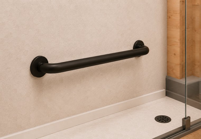 An ADA-rated grab bar mounted in the shower in a matte black hardware finish