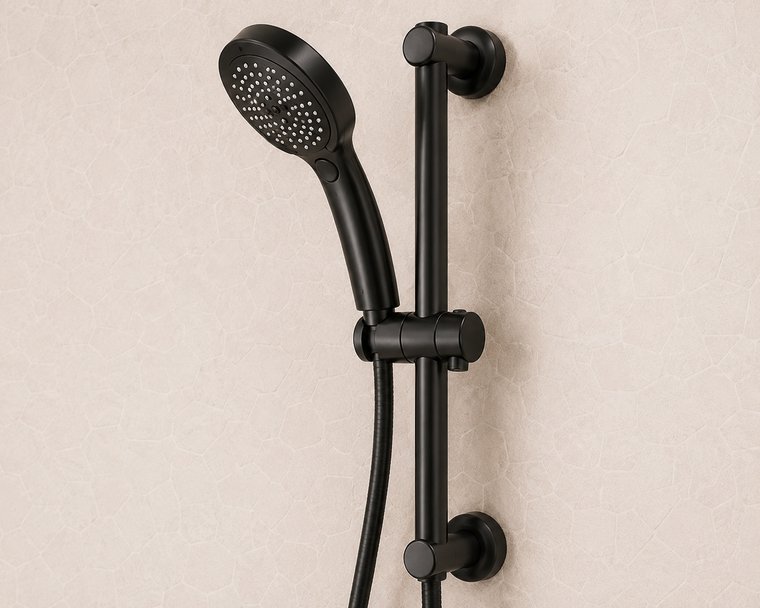 A handheld shower wand on a height-adjustable slide bar, easy to use from a seated position