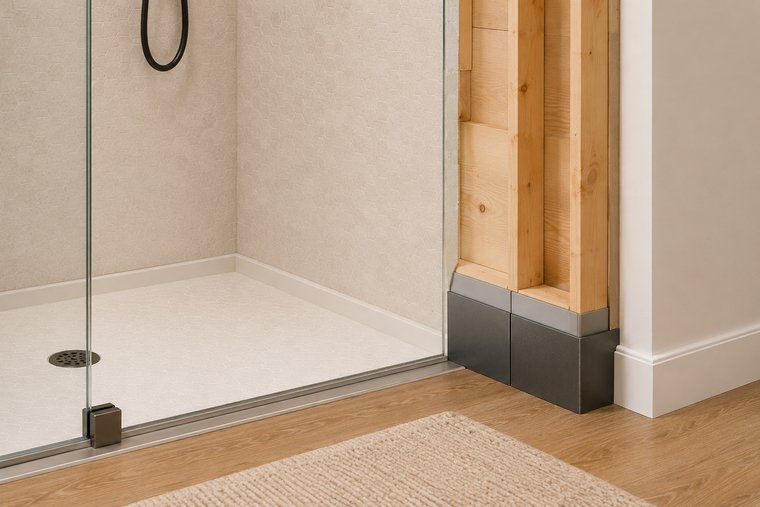 Reinforced shower walls with hidden blocking so grab bars or a seat can be added safely later