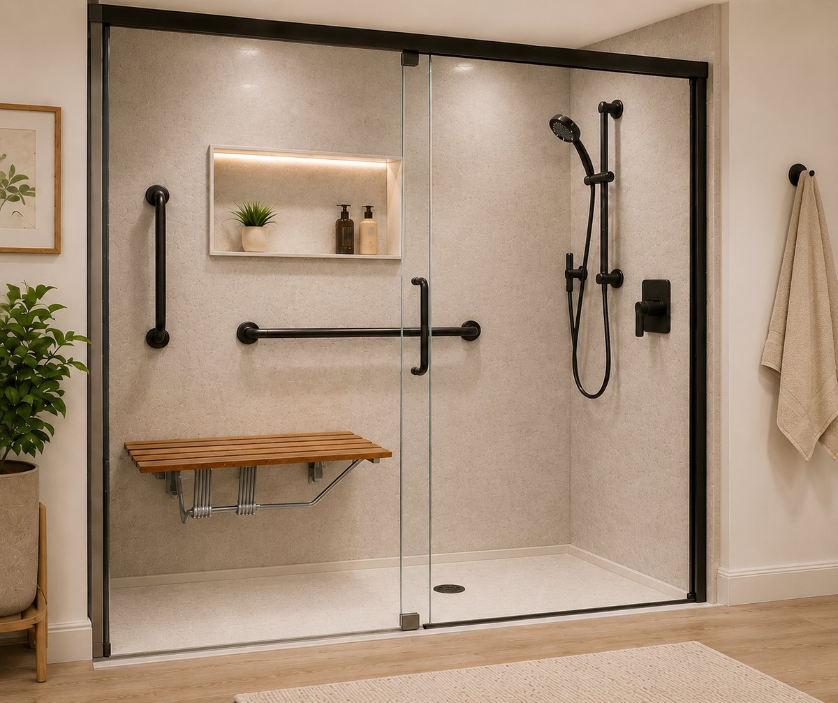 A SteadyStep walk-in shower with a low-threshold entry, semi-frameless glass, a fold-down bench, an ADA-rated grab bar, and a slip-resistant base
